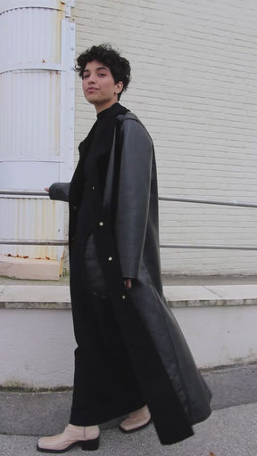ACHAB - Vinyl and Shearling Inspired Long Coat with Tailored Collar Black