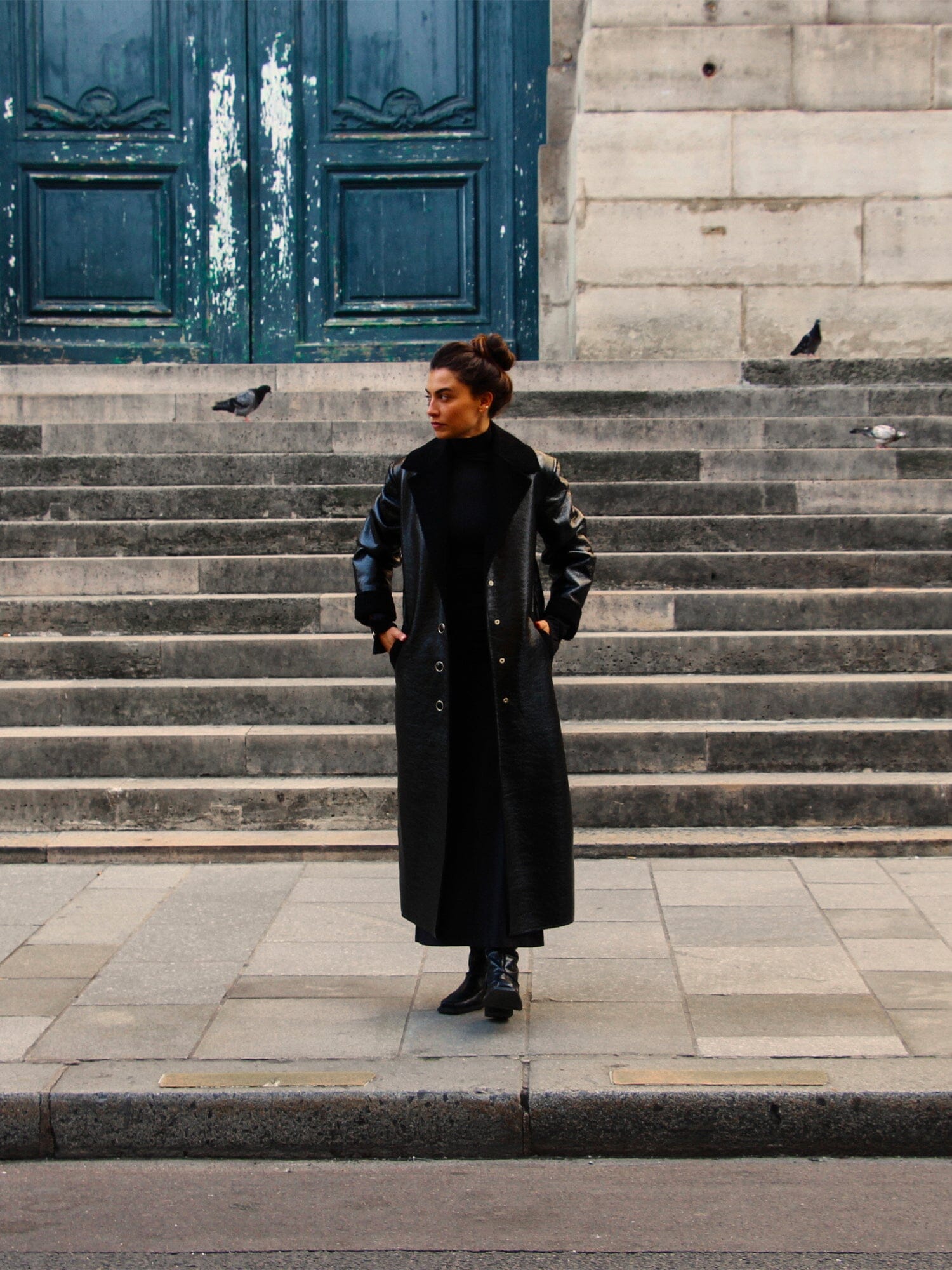 ACHAB - Long Coat with Vinyl and Shearling Inspiration Tailored Collar Black Coat Fête Impériale