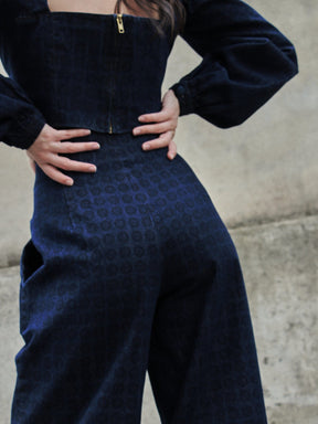 ACIS - High-waisted pants in blue denim with black crest print Trousers Fête Impériale