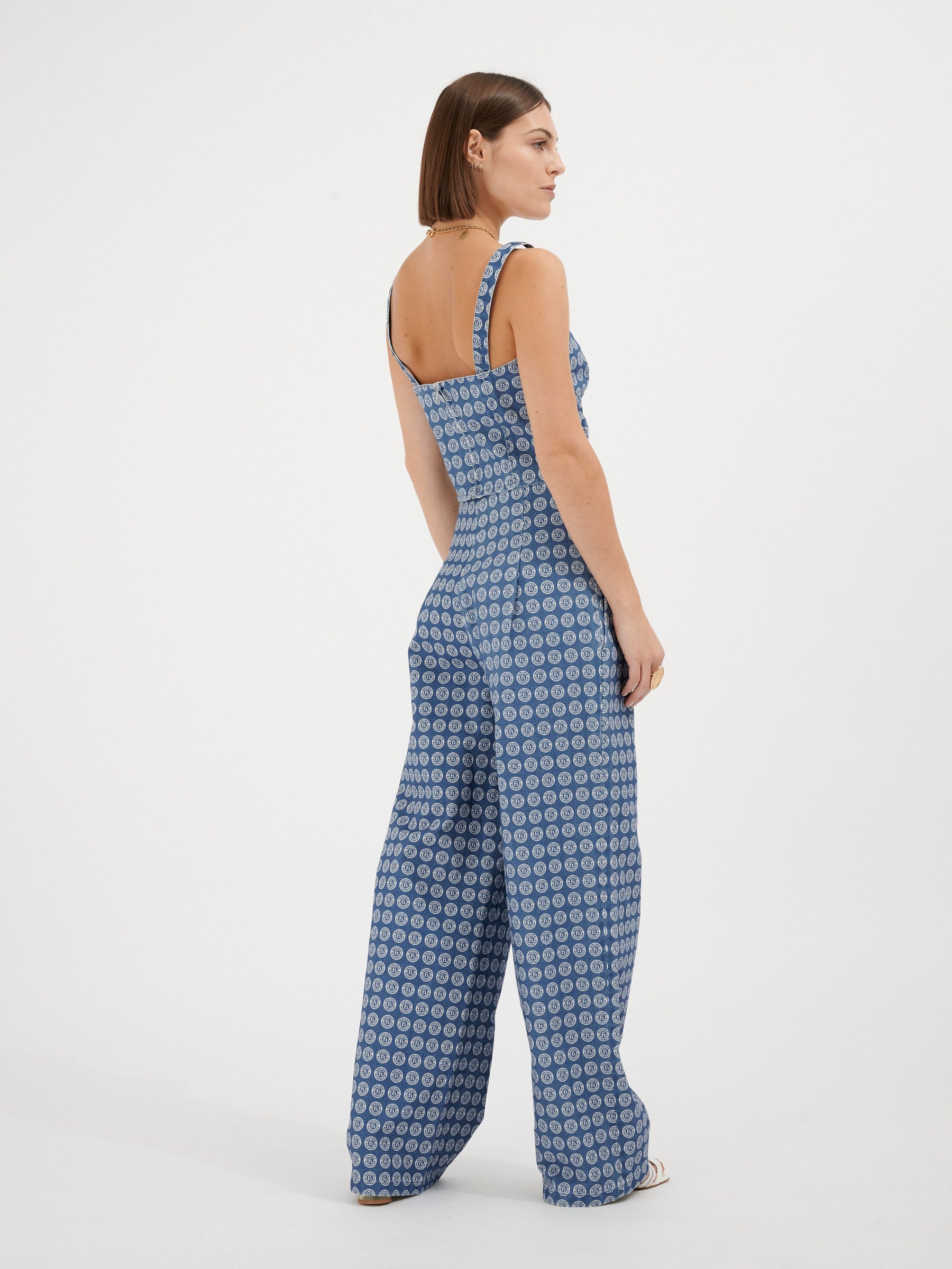 ACIS - High-waisted pants in blue fabric with white crest print Cotton Trousers Fête Impériale