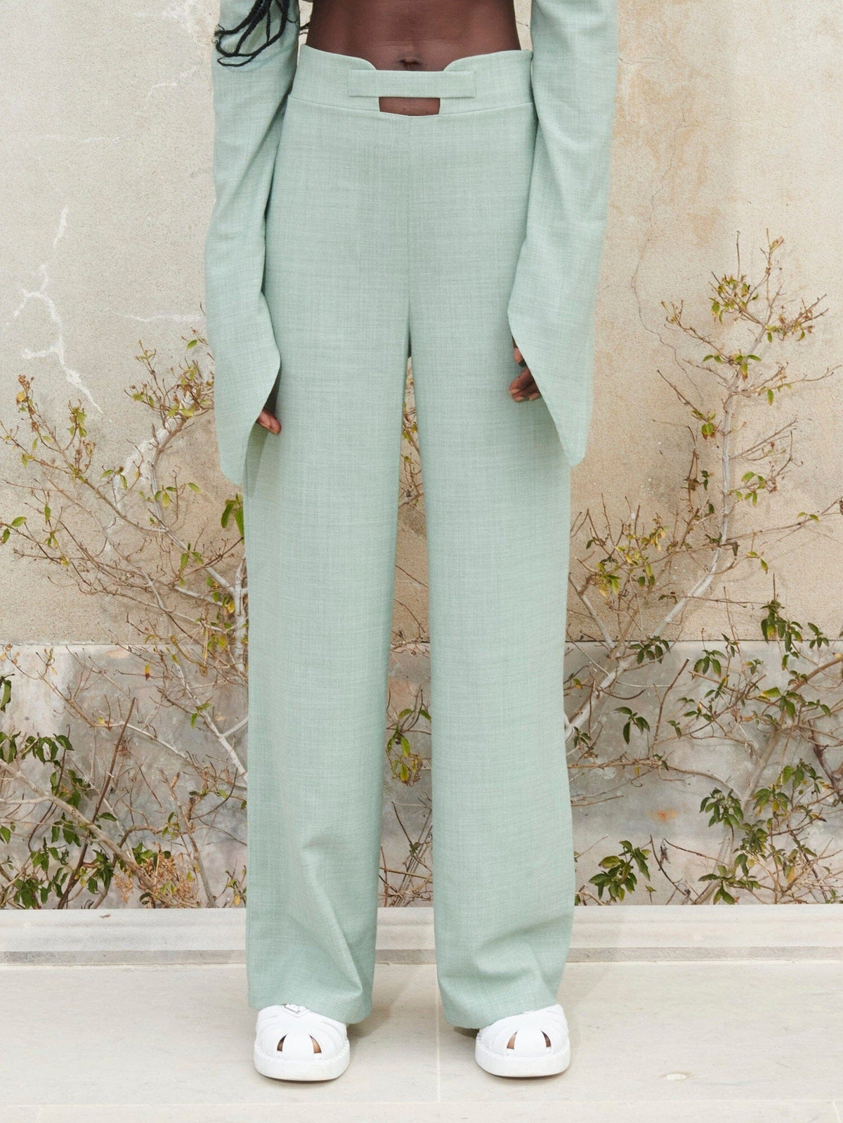 ACIS - High-waisted pants in celadon green Oeko-Tex fabric from Cotton Pants Fête Impériale