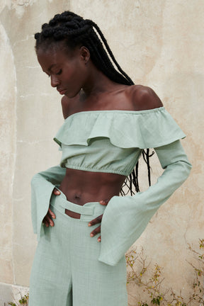 ACIS - High-waisted pants in celadon green Oeko-Tex fabric from Cotton Pants Fête Impériale