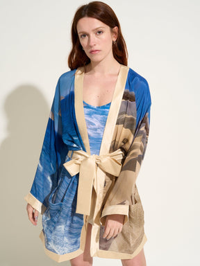 AEGLE - Pelican Bay Printed Silk Crepe Belted Short Kimono Kimono Fête Impériale