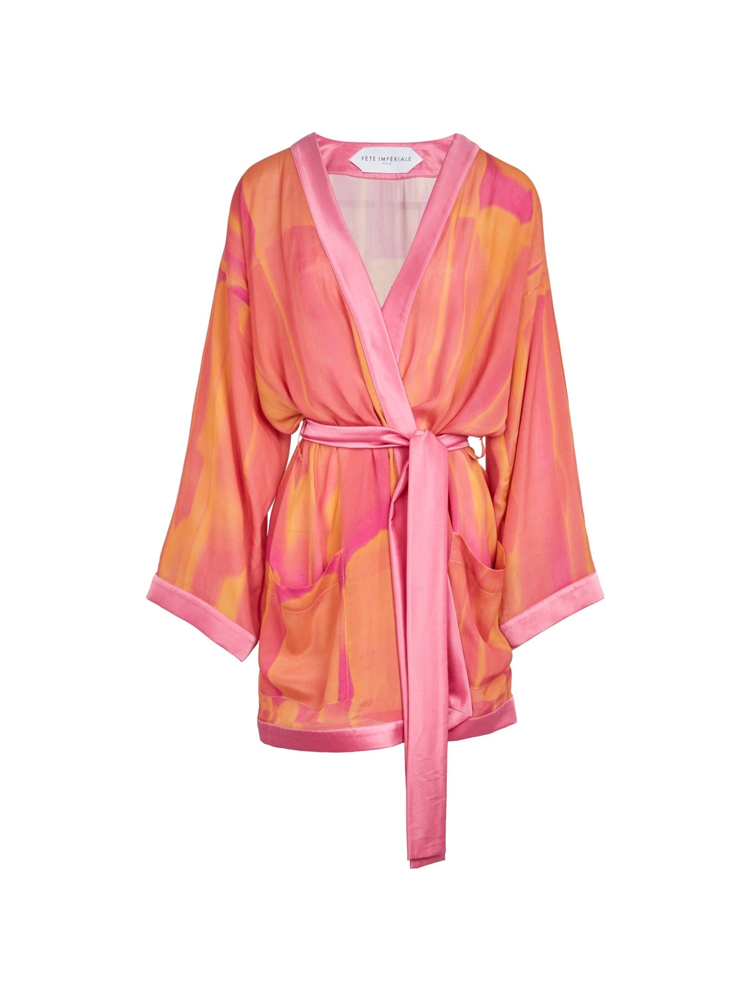 AEGLE - Tie & Dye Fuchsia Printed Silk Crepe Kimono Short Belted Kimono Fête Impériale