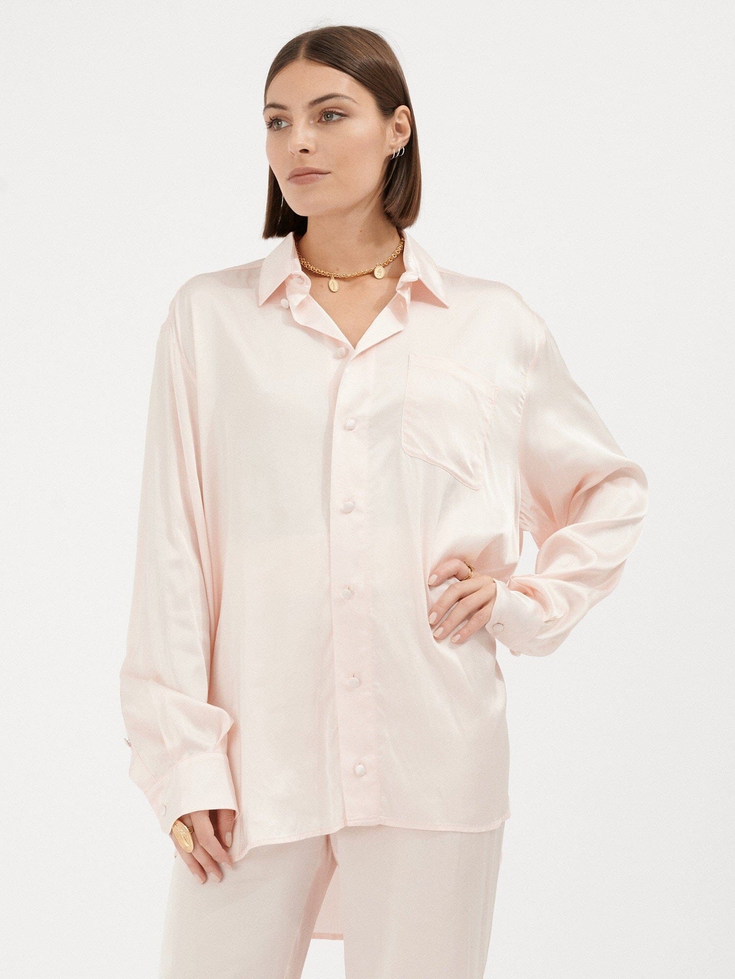 AGENOR - Oversized Satin Shirt Amandine Pale Pink Shirt Fête Impériale