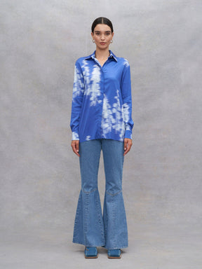 ALICE - Abstract Dazzling Blue/Ice Melt Printed FSC Viscose Satin Straight Shirt Fête Impériale