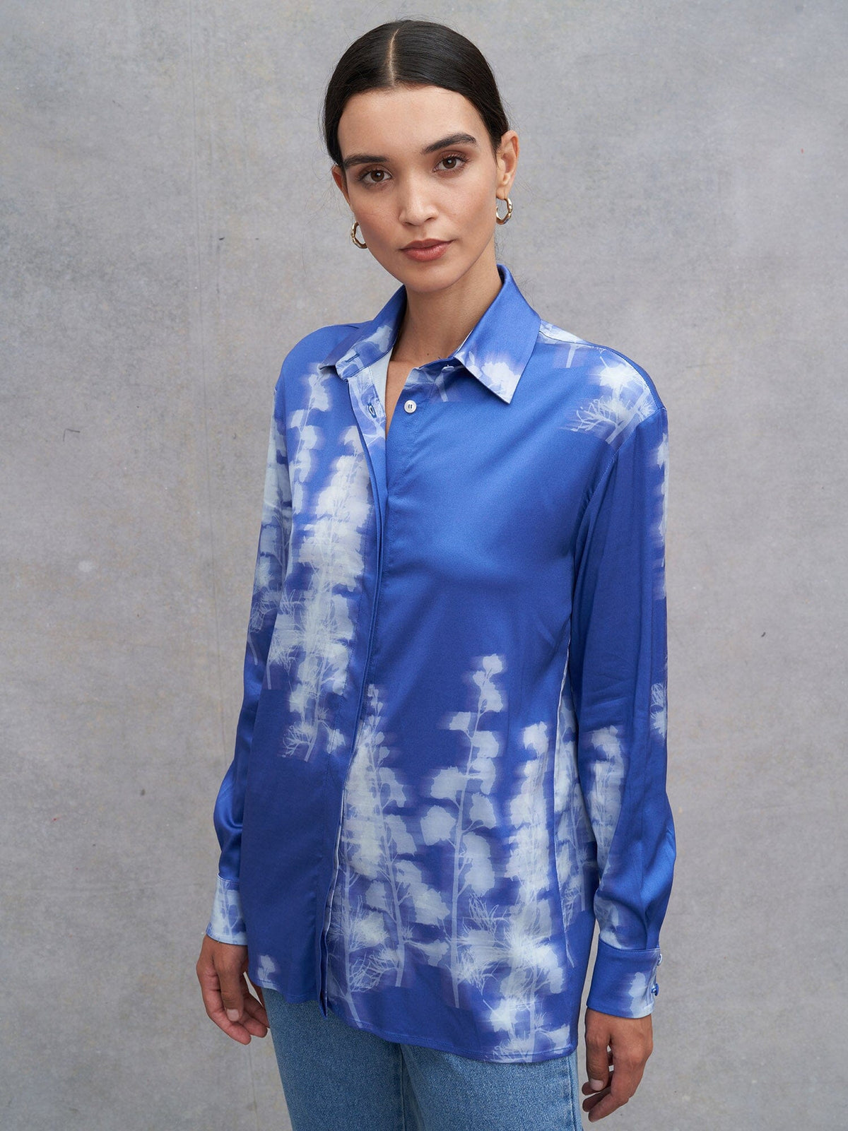 ALICE - Abstract Dazzling Blue/Ice Melt Printed FSC Viscose Satin Straight Shirt Fête Impériale