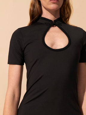 ANAIS - Oeko-Tex black jersey slit maxi dress with teardrop neckline Dress Fête Impériale