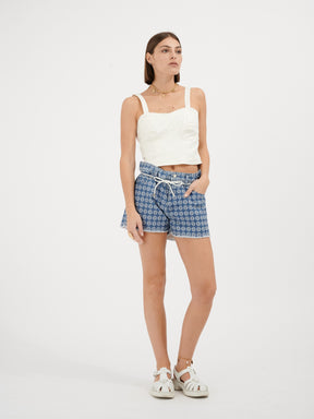 ANDREA - High-Waisted Canvas Shorts from Cotton blue white blazon print Shorts Fête Impériale