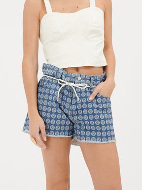 ANDREA - High-Waisted Canvas Shorts from Cotton blue white blazon print Shorts Fête Impériale