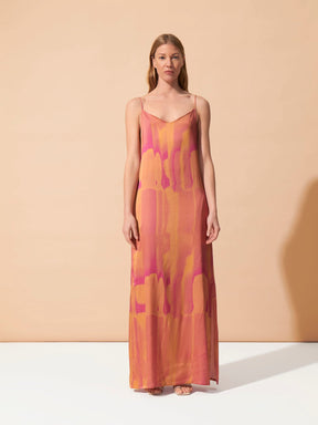 ANGELIQUE - Tie & Dye Fuchsia printed viscose satin slit maxi dress with low-cut back Dress Fête Impériale