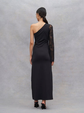 ASTRÉE - Asymmetric Fitted Maxi Dress in Jersey and Lace Black Dress Fête Impériale