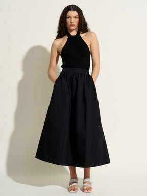 BACALL - High-waisted flared midi skirt in Linen  Cotton  Black Skirt Fête Impériale