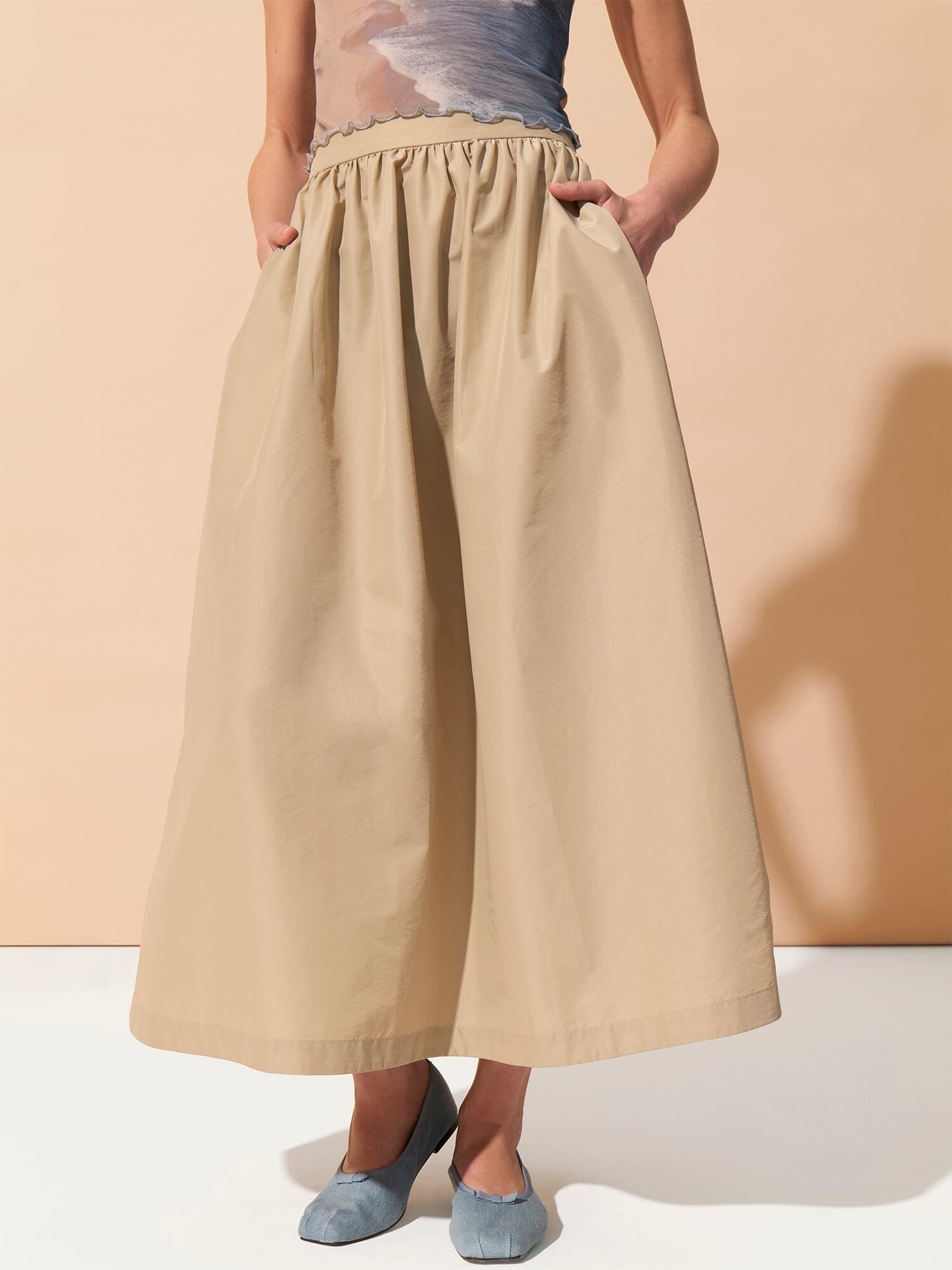 BACALL - High-waisted flared nylon midi skirt Beige Skirt Fête Impériale