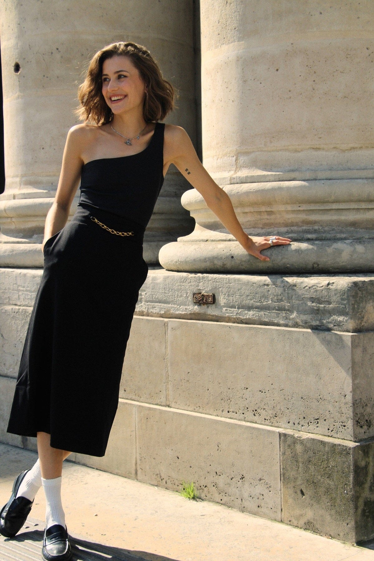 BASTIA - High-waisted midi skirt with gold chain in black jersey Skirt Fête Impériale