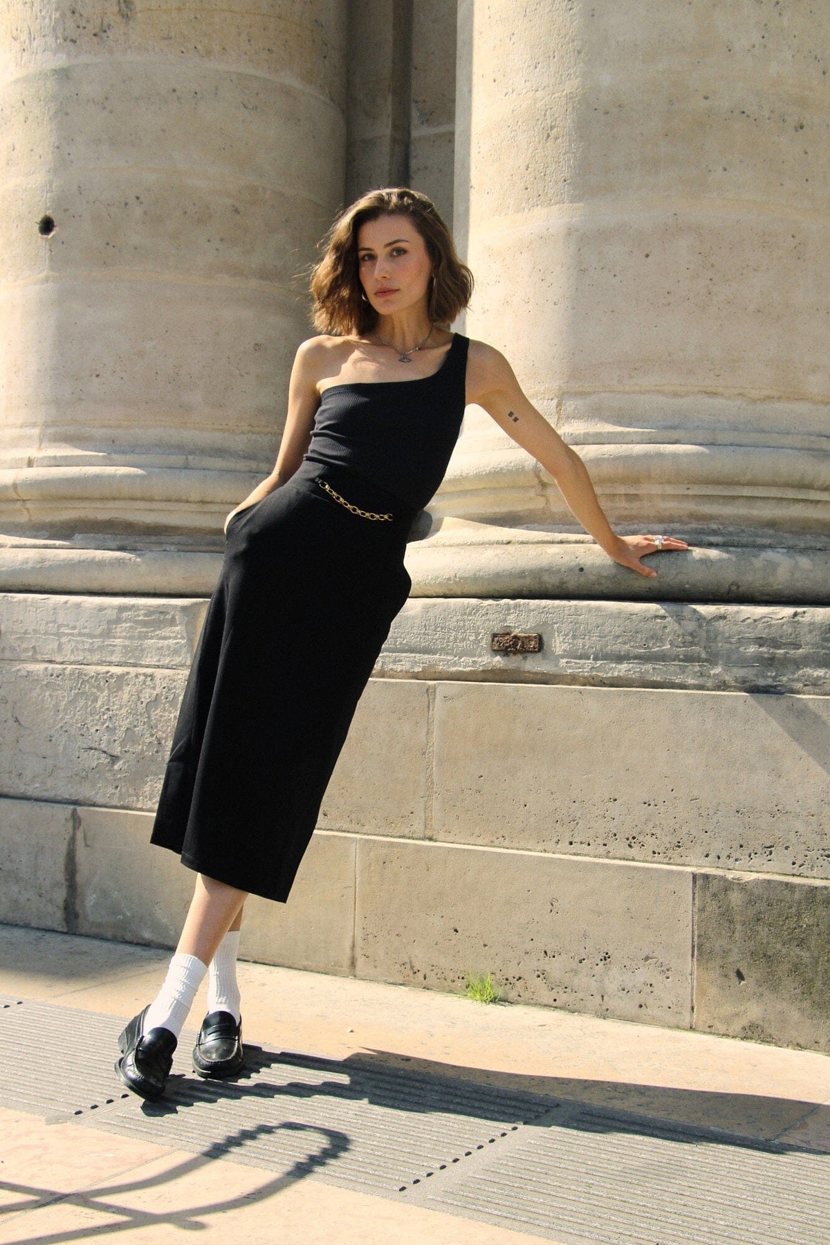 BASTIA - High-waisted midi skirt with gold chain in black jersey Skirt Fête Impériale