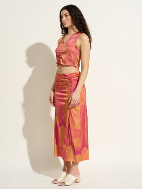 BEATTY - Slit midi skirt with adjustable length in Tie & Dye Fuchsia printed viscose satin Skirt Fête Impériale