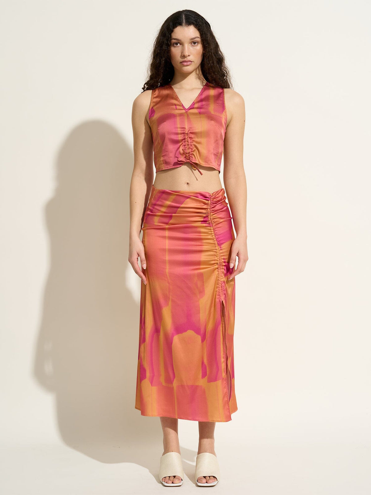 BEATTY - Slit midi skirt with adjustable length in Tie & Dye Fuchsia printed viscose satin Skirt Fête Impériale