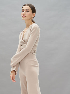 BONIFACIO - Cropped wrap-around top with front or back tie in merino wool Beige Blouse Fête Impériale