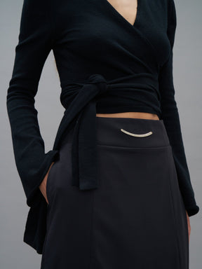 BONIFACIO - Cropped wrap-around top with front or back tie in merino wool Oeko Tex Black Blouse Fête Impériale