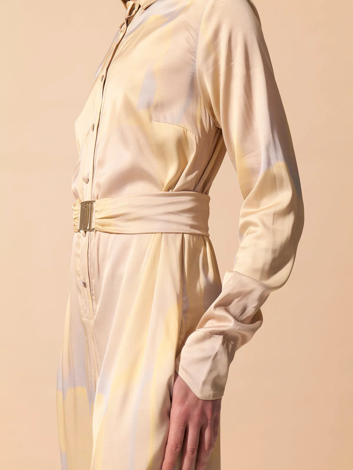 CAMUS - Jumpsuit with removable belt in viscose satin Tie & Dye print Yellow Jumpsuit Fête Impériale