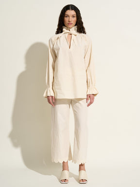 CASTIGLIONE - Shirt with balloon sleeves, high collar, tie fastening in crinkled Ecru Cotton Shirt Fête Impériale