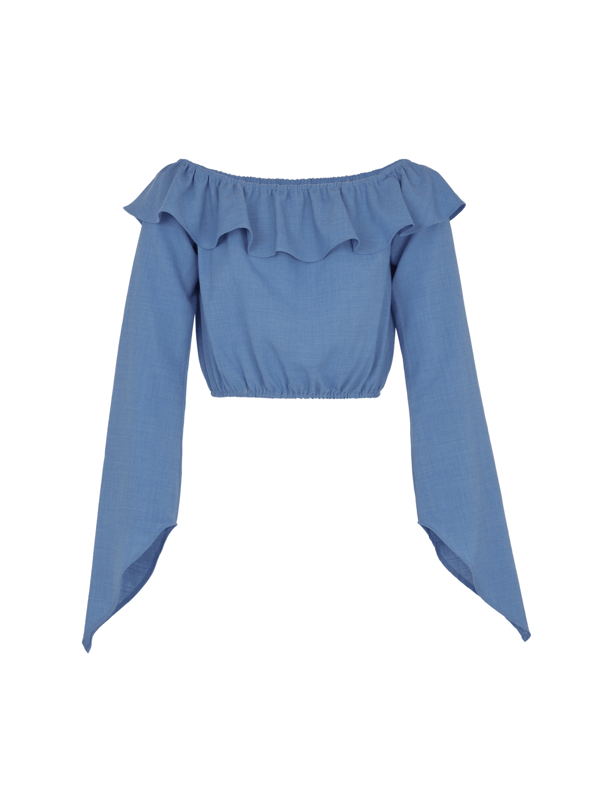 CECILE - Blouse crop top encolure Bardot volantée en lin et tencel bleu Blouse Fête Impériale