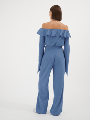 CECILE - Ruffled Bardot neckline crop top blouse in Linen  and blue tencel Blouse Fête Impériale