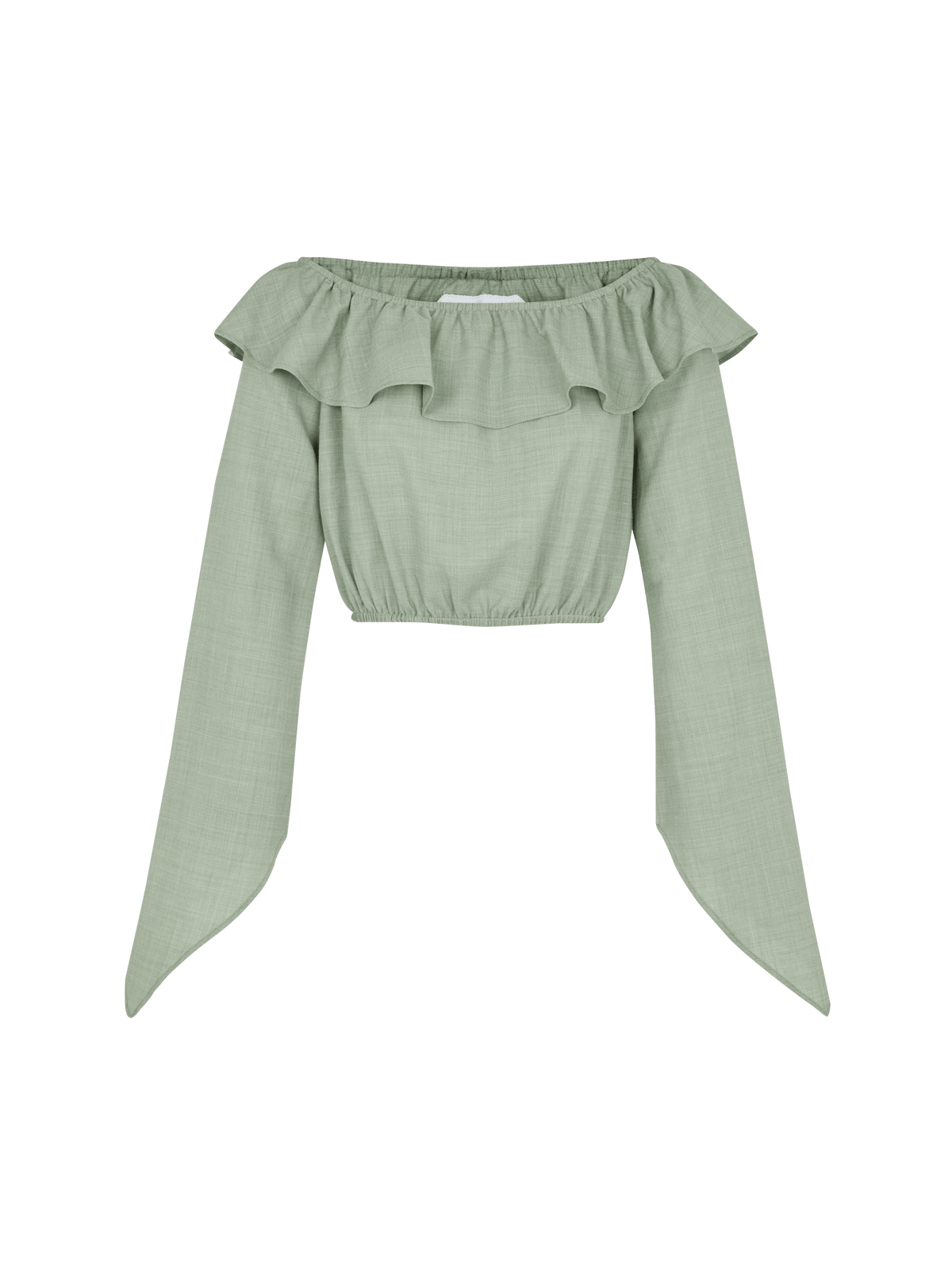 CECILE - Blouse crop top encolure Bardot volantée en toile de coton Oeko-Tex vert céladon Blouse Fête Impériale