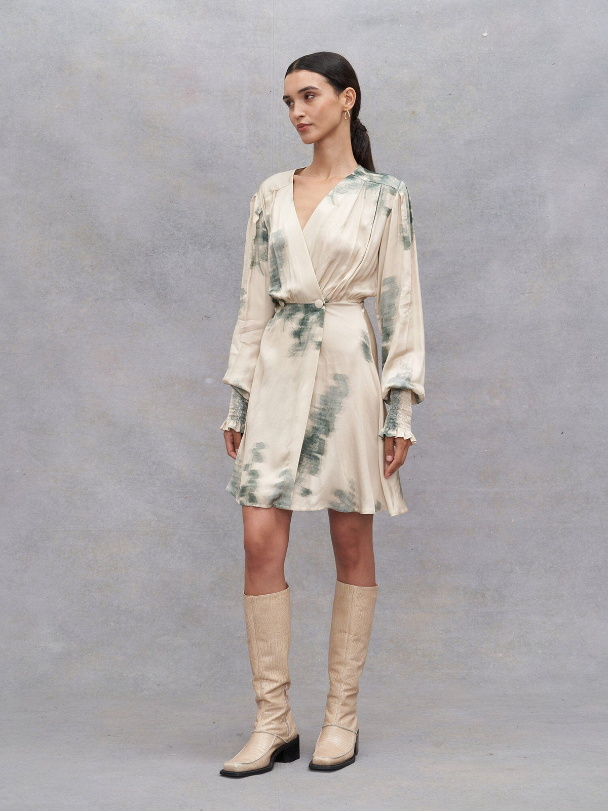 CHLORIS - EcoVero Abstract Tofu/Green Forest printed viscose satin wrap short dress, long sleeves, smocked cuffs Dress Fête Impériale