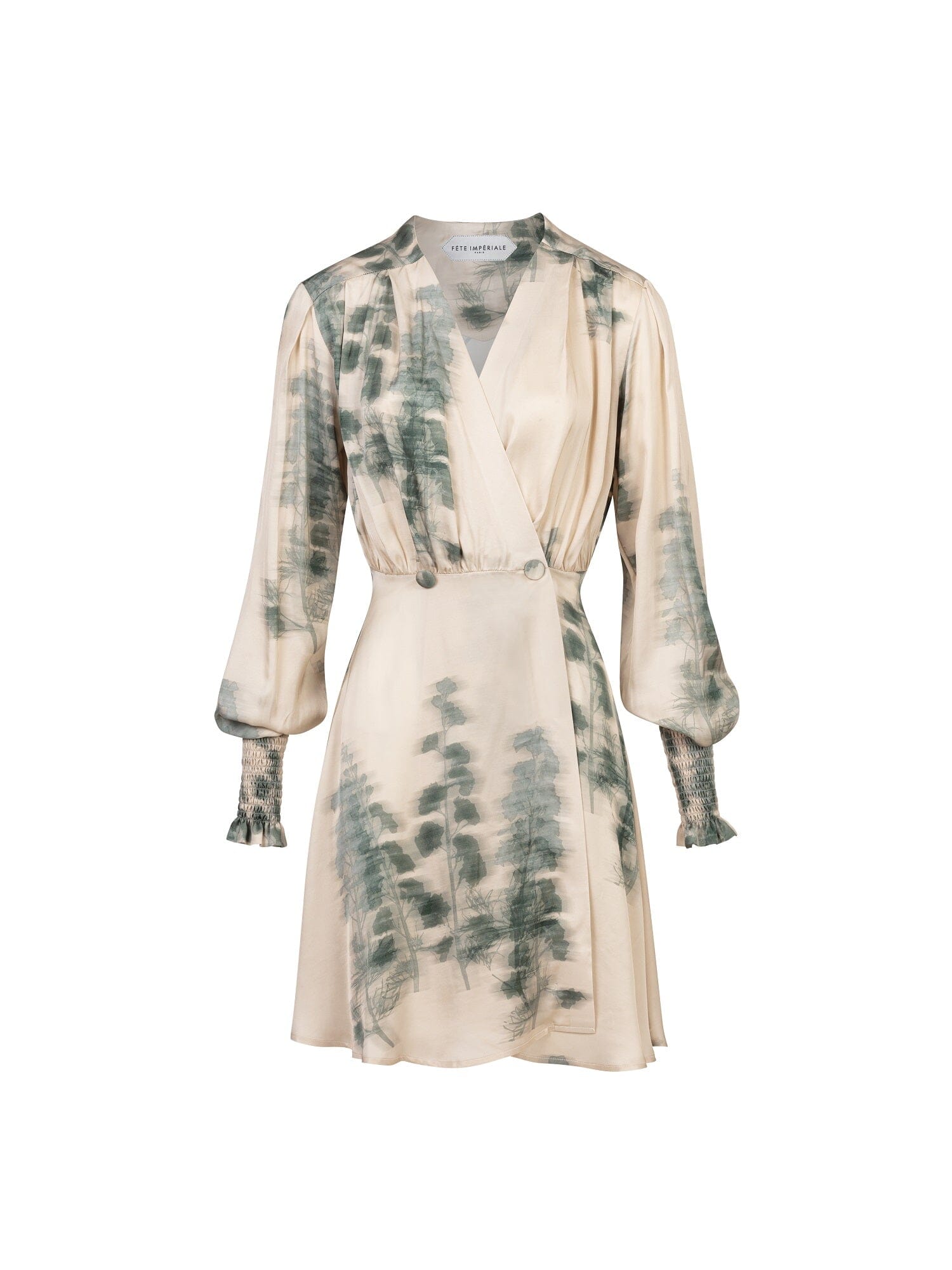 CHLORIS - EcoVero Abstract Tofu/Green Forest printed viscose satin wrap short dress, long sleeves, smocked cuffs Dress Fête Impériale