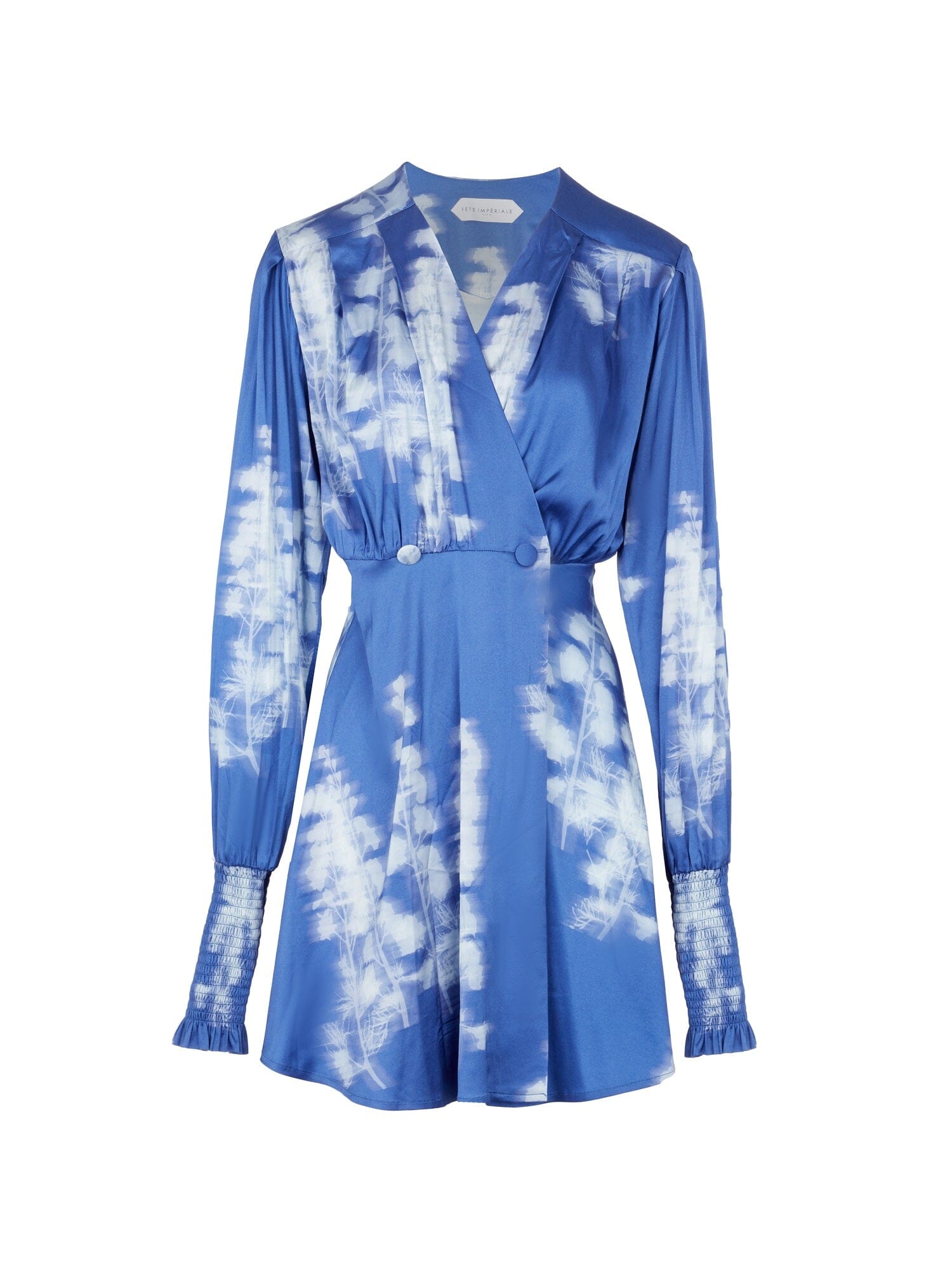CHLORIS - Abstract Dazzling Blue/Ice Melt printed FSC viscose satin wrap short dress with long sleeves and smocked cuffs Dress Fête Impériale