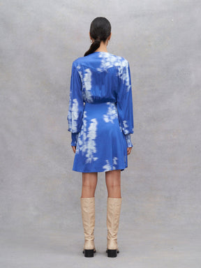 CHLORIS - Abstract Dazzling Blue/Ice Melt printed FSC viscose satin wrap short dress with long sleeves and smocked cuffs Dress Fête Impériale