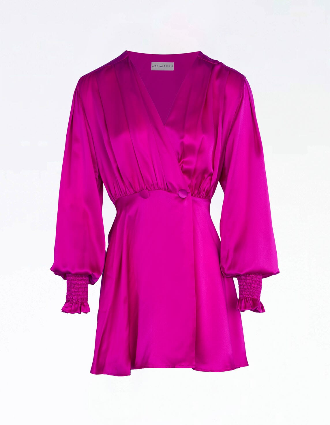 CHLORIS - Short wrap dress with long sleeves and smocked satin cuffs Fuchsia Dress Fête Impériale