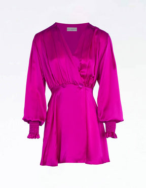 CHLORIS - Short wrap dress with long sleeves and smocked satin cuffs Fuchsia Dress Fête Impériale