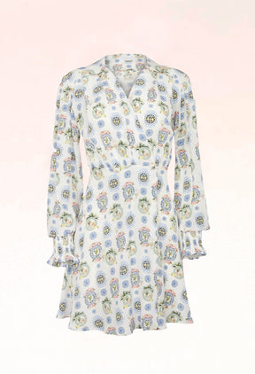 CHLORIS - Short wrap dress with long sleeves and smocked cuffs in printed silk Porcelaine Dress Fête Impériale