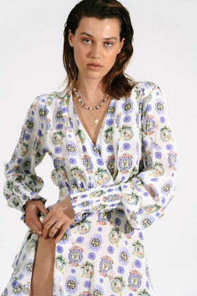 CHLORIS - Short wrap dress with long sleeves and smocked cuffs in printed silk Porcelaine Dress Fête Impériale