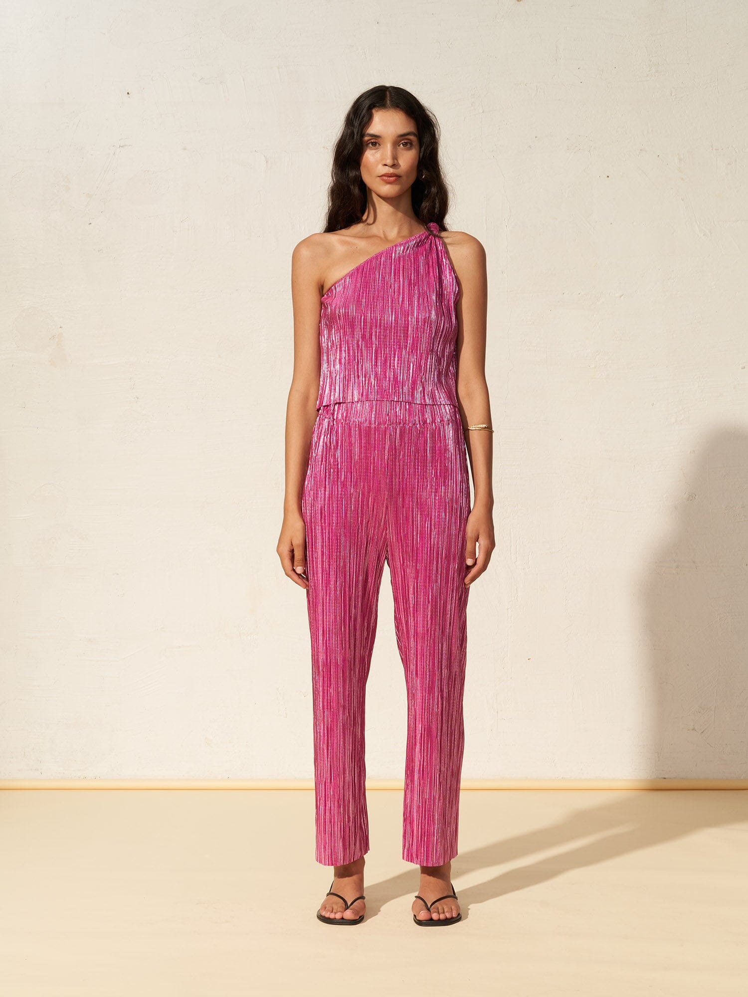 CORFOU - Wide-leg, high-waisted pants in pleated fabric with metallic effect Fuchsia Pants Fête Impériale