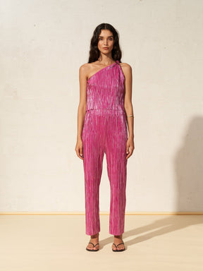 CORFOU - Wide-leg, high-waisted pants in pleated fabric with metallic effect Fuchsia Pants Fête Impériale