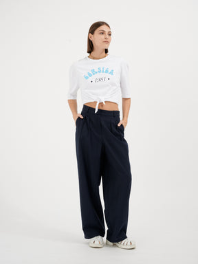 CORSICA - Short-sleeved knotted cropped T-shirt in Cotton white sky blue print T-shirt Fête Impériale