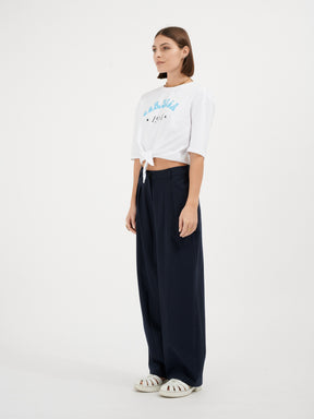 CORSICA - Short-sleeved knotted cropped T-shirt in Cotton white sky blue print T-shirt Fête Impériale