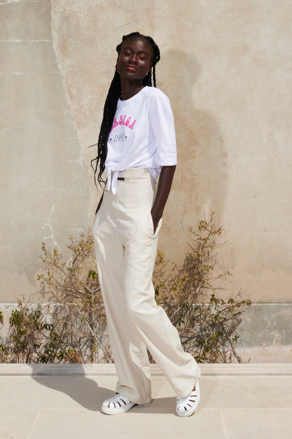 CORSICA - Short-sleeved knotted cropped T-shirt in Cotton white fuchsia pink print T-shirt Fête Impériale