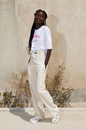 CORSICA - T-shirt cropped noué manches courtes en coton blanc imprimé rose fuchsia T-shirt Fête Impériale