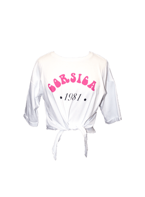 CORSICA - Short-sleeved knotted cropped T-shirt in Cotton white fuchsia pink print T-shirt Fête Impériale
