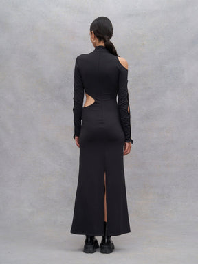 DENALI - Body-Conscious Long Dress with openwork high neckline, arm/shoulder/hip in jersey Black Dress Fête Impériale