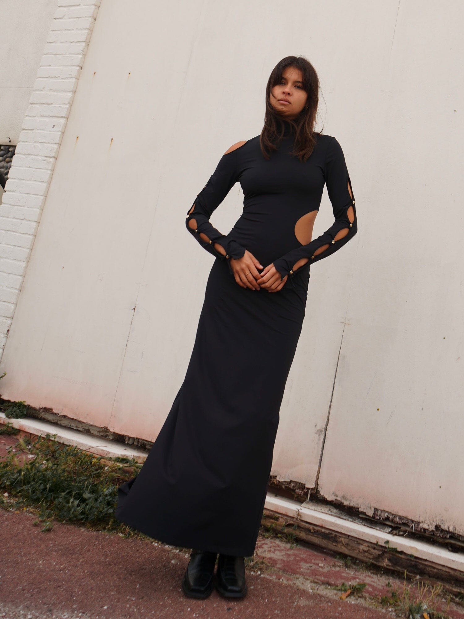 DENALI - Body-Conscious Long Dress with openwork high neckline, arm/shoulder/hip in jersey Black Dress Fête Impériale