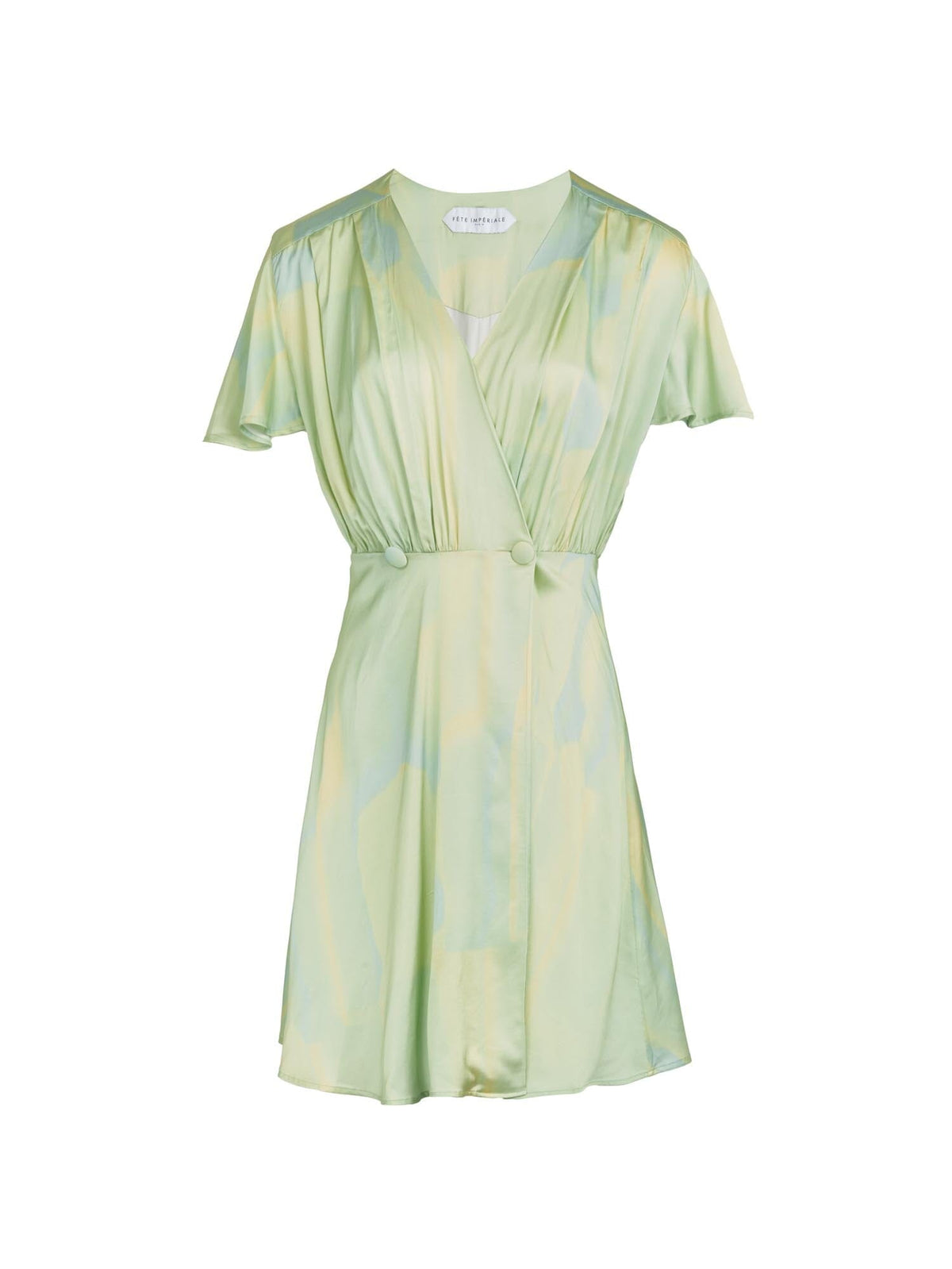 DENISE - Short wrap dress in viscose satin Tie & Dye print Green Dress Fête Impériale