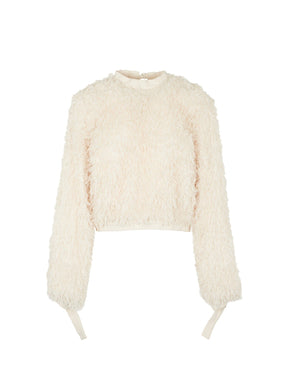 DESI - Long-sleeved top with stand-up collar tied at back in Oeko Tex denim and feathers Ecru Top Fête Impériale