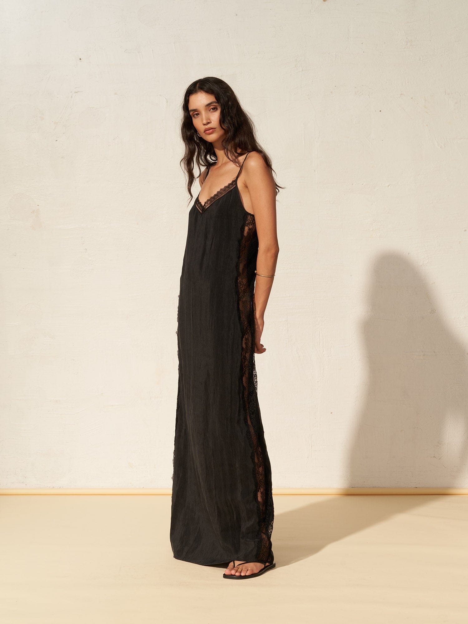 ELISA - Slit-back maxi dress in FSC organic tencel and Calais-Caudry lace Black Dress Fête Impériale