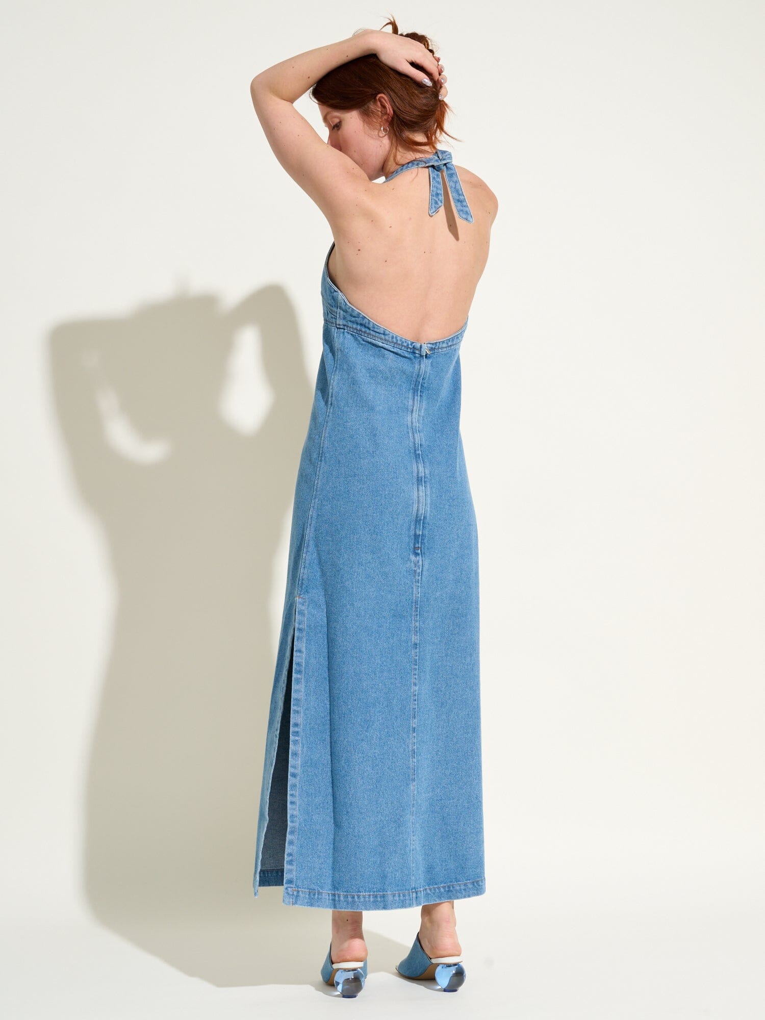 ELISABETH - Halter Tie Midi Dress in Washed Denim Oeko-Tex Blue Dress Fête Impériale